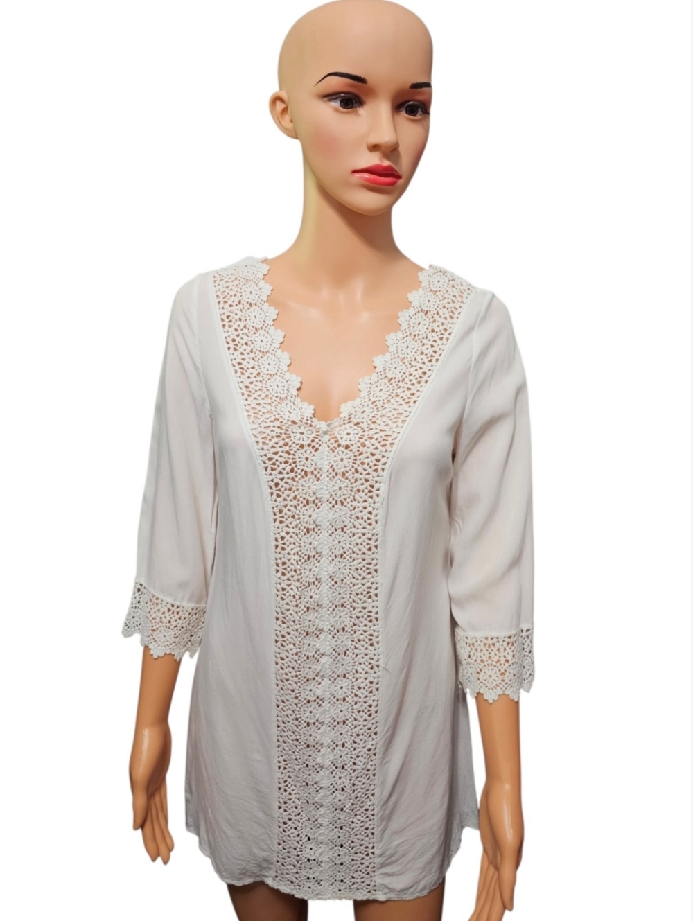Solitaire Swim Rayon Knit Crochet White Boho Coastal Swimsuit Cover Up Sz S - Picture 3 of 6